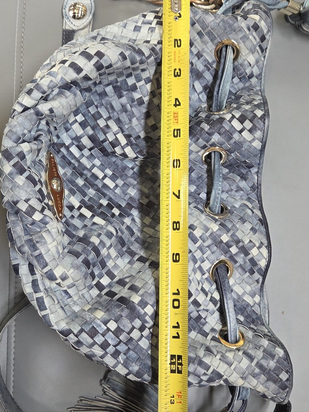 Elliott Lucca Blue tye dye Woven Leather Drawstring bucket hobo Shoulder Bag - Picture 10 of 13